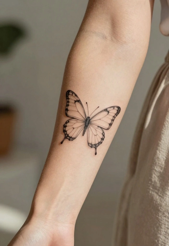 14 Butterfly Forearm Tattoo Ideas for Women: Elegant and Flowing 1 14 Butterfly Forearm Tattoo Ideas for Women Elegant and Flowing 1. Minimalist Butterfly Outline 0