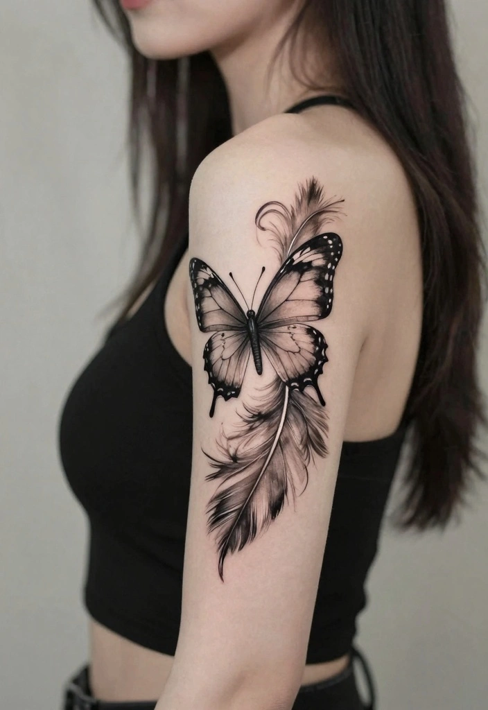 14 Butterfly Forearm Tattoo Ideas for Women: Elegant and Flowing 126 14 Butterfly Forearm Tattoo Ideas for Women Elegant and Flowing 12. Butterfly and Feather Fusion 0
