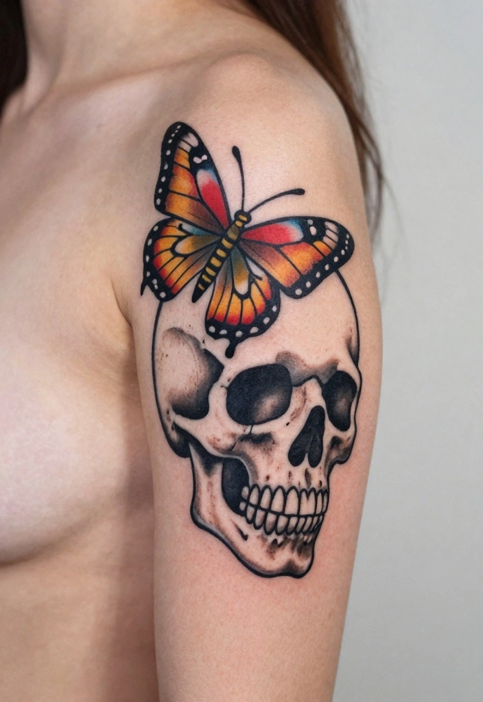 14 Butterfly Skull Tattoo Ideas for Women: Dark and Feminine 137 14 Butterfly Skull Tattoo Ideas for Women Dark and Feminine 13. Traditional Butterfly Skull 0
