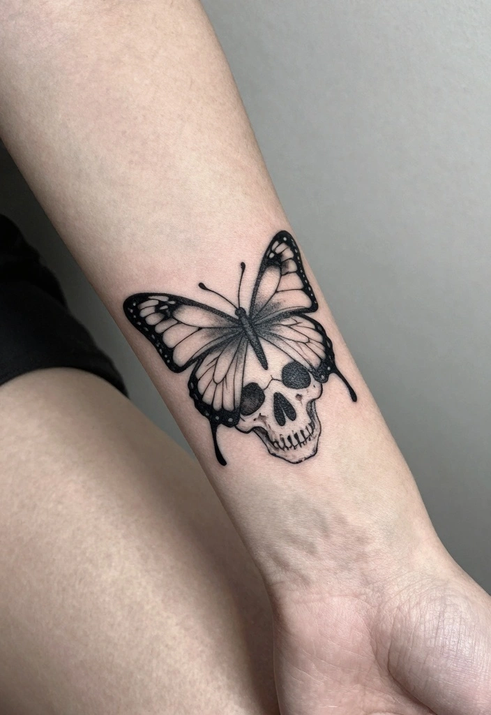 14 Butterfly Skull Tattoo Ideas for Women: Dark and Feminine 23 14 Butterfly Skull Tattoo Ideas for Women Dark and Feminine 3. Minimalist Butterfly Skull 0