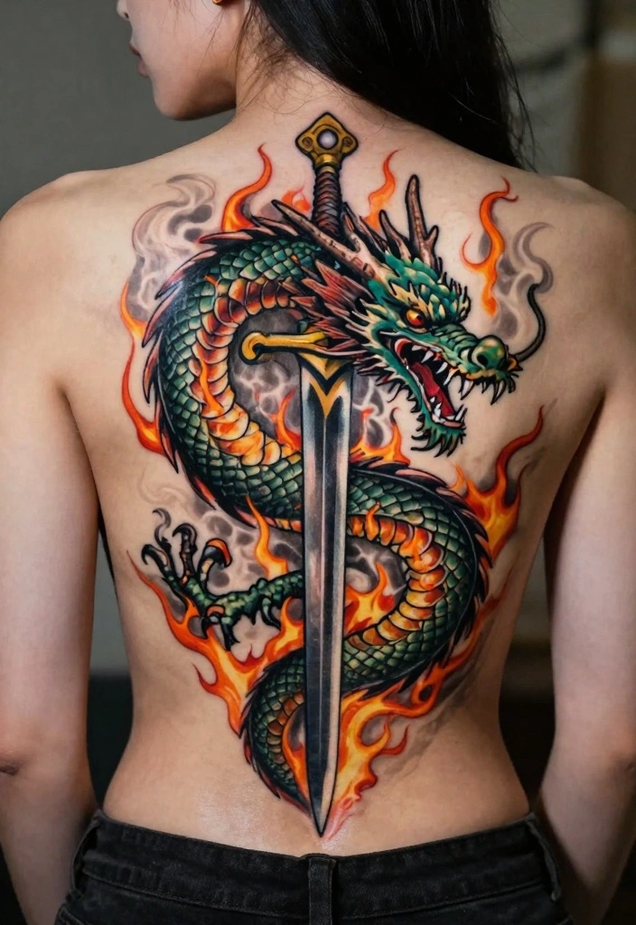 14 Dragon Back Tattoo Ideas for Women Powerful and Elegant 12. Dragon and Sword Tattoos 0