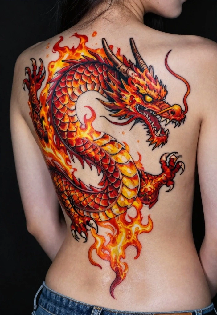 14 Dragon Back Tattoo Ideas for Women Powerful and Elegant 2. Fierce Fire Dragon 0