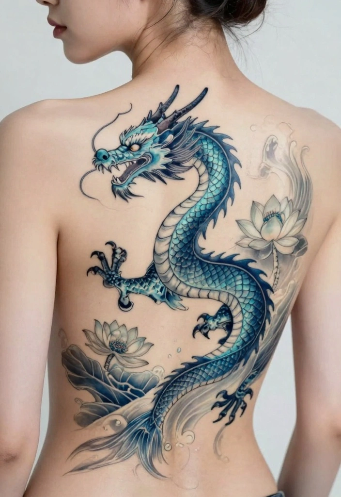 14 Dragon Back Tattoo Ideas for Women Powerful and Elegant 3. Elegant Water Dragon 0