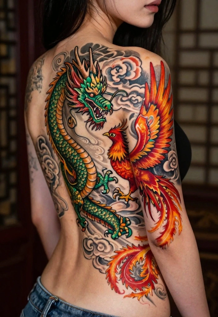 14 Dragon Back Tattoo Ideas for Women Powerful and Elegant 5. Mythical Dragon and Phoenix 0