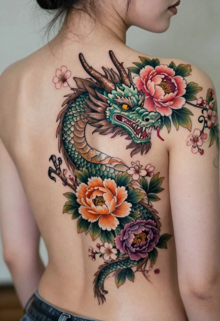14 Dragon Back Tattoo Ideas for Women Powerful and Elegant 8. Floral Dragon Tattoos 0