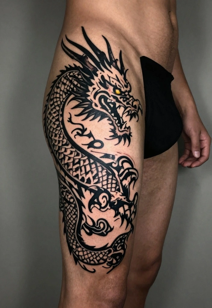 14 Dragon Leg Tattoo Ideas for Men: Powerful and Detailed 102 14 Dragon Leg Tattoo Ideas for Men Powerful and Detailed 10. Tribal Dragon 0