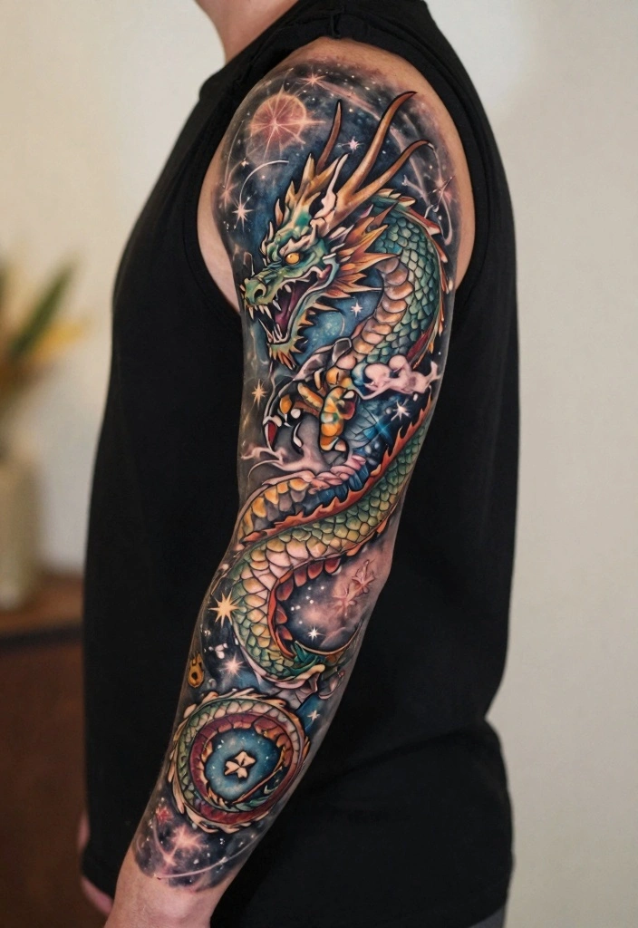 14 Dragon Leg Tattoo Ideas for Men: Powerful and Detailed 148 14 Dragon Leg Tattoo Ideas for Men Powerful and Detailed 14. Dragon with Stars 0