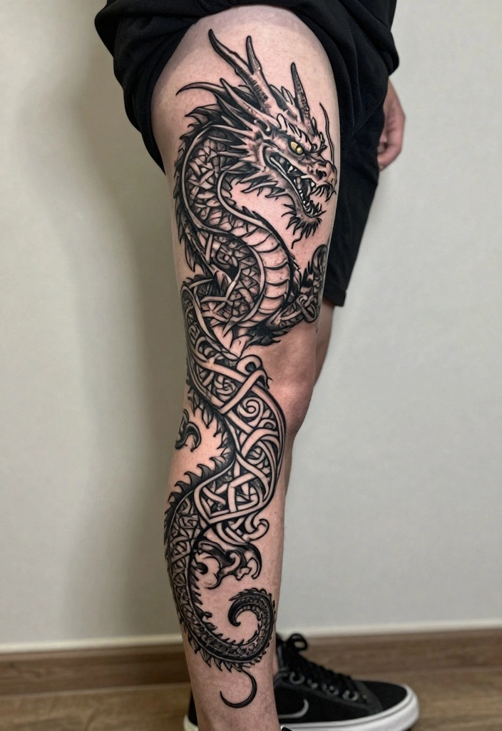 14 Dragon Leg Tattoo Ideas for Men: Powerful and Detailed 34 14 Dragon Leg Tattoo Ideas for Men Powerful and Detailed 4. Celtic Dragon 0