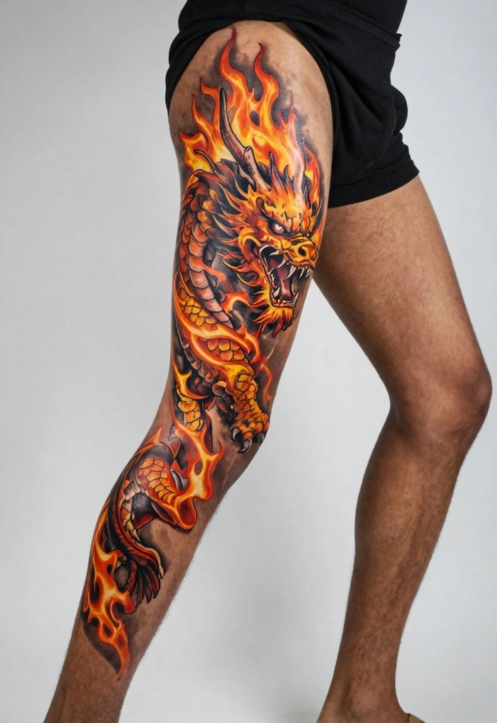 14 Dragon Leg Tattoo Ideas for Men: Powerful and Detailed 45 14 Dragon Leg Tattoo Ideas for Men Powerful and Detailed 5. The Fire Breathing Dragon 0
