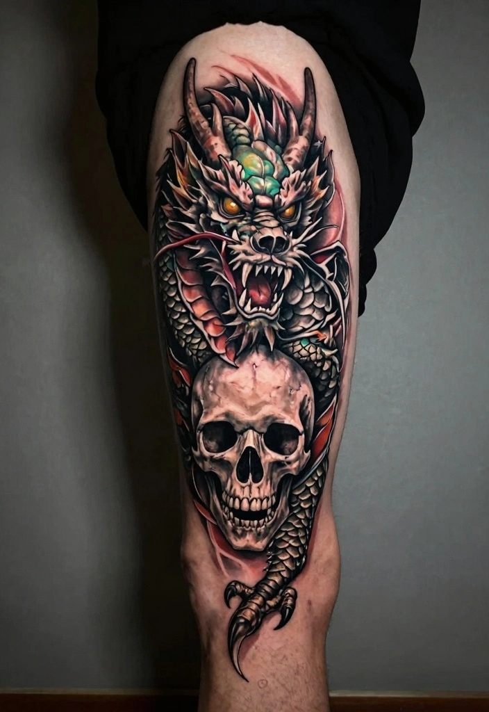 14 Dragon Leg Tattoo Ideas for Men: Powerful and Detailed 91 14 Dragon Leg Tattoo Ideas for Men Powerful and Detailed 9. Dragon and Skull Combo 0