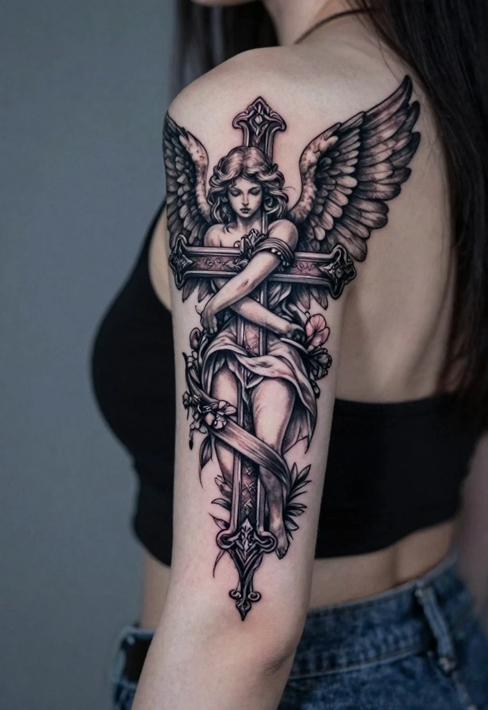 14 Fallen Angel Tattoo Ideas for Women: Dark Feminine and Deep 113 14 Fallen Angel Tattoo Ideas for Women Dark Feminine and Deep 11. Fallen Angel and Cross 0