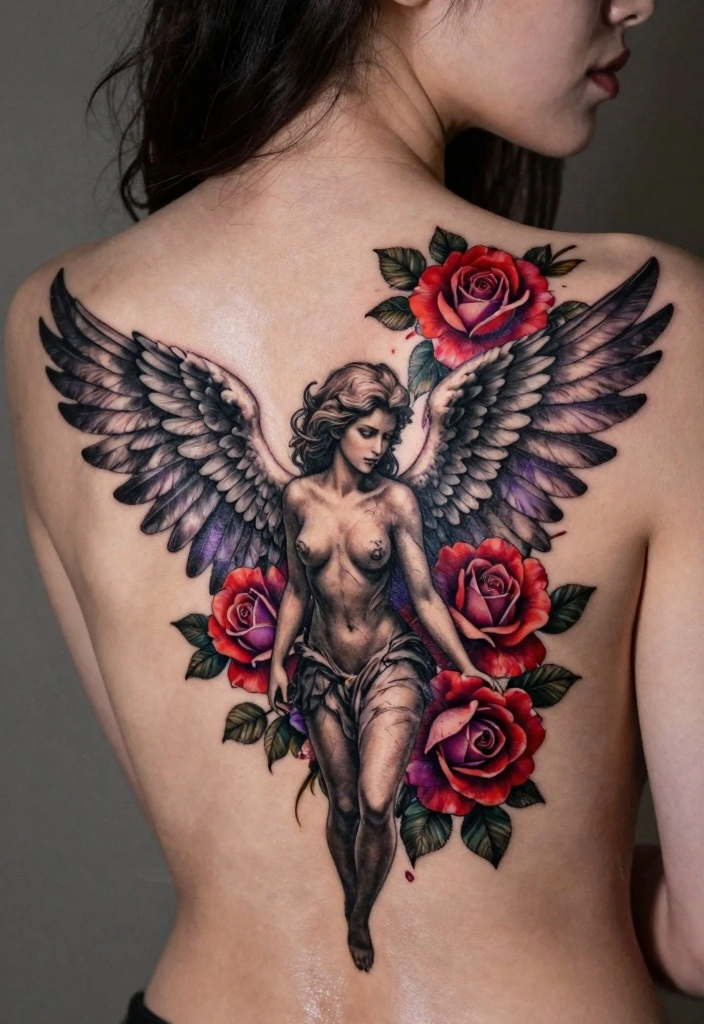14 Fallen Angel Tattoo Ideas for Women: Dark Feminine and Deep 12 14 Fallen Angel Tattoo Ideas for Women Dark Feminine and Deep 2. Dark Angel with Floral Accents 0