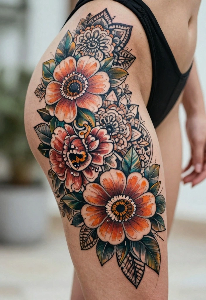 14 Floral Mandala Tattoo Ideas Soft Feminine And Detailed 9. Artistic Floral Mandala on the Thigh 0