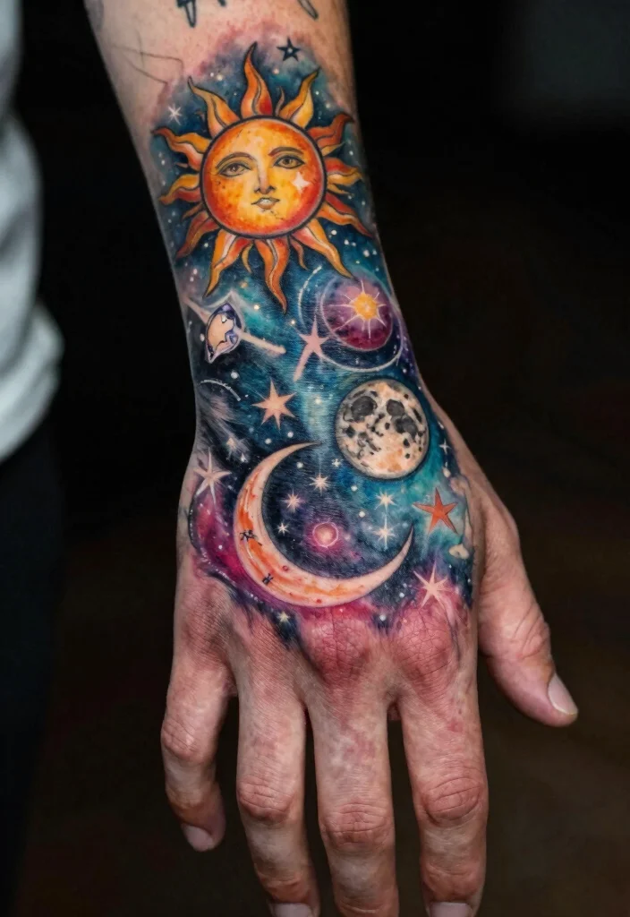 14 Full Hand Tattoo Ideas for Men: Powerful and Striking 113 14 Full Hand Tattoo Ideas for Men Powerful and Striking 11. Celestial Bodies 0