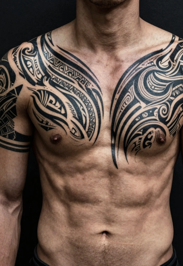 14 Half Chest Tattoo Ideas for Men: Bold And Masculine 67 14 Half Chest Tattoo Ideas for Men Bold And Masculine 7. Tribal Patterns 0