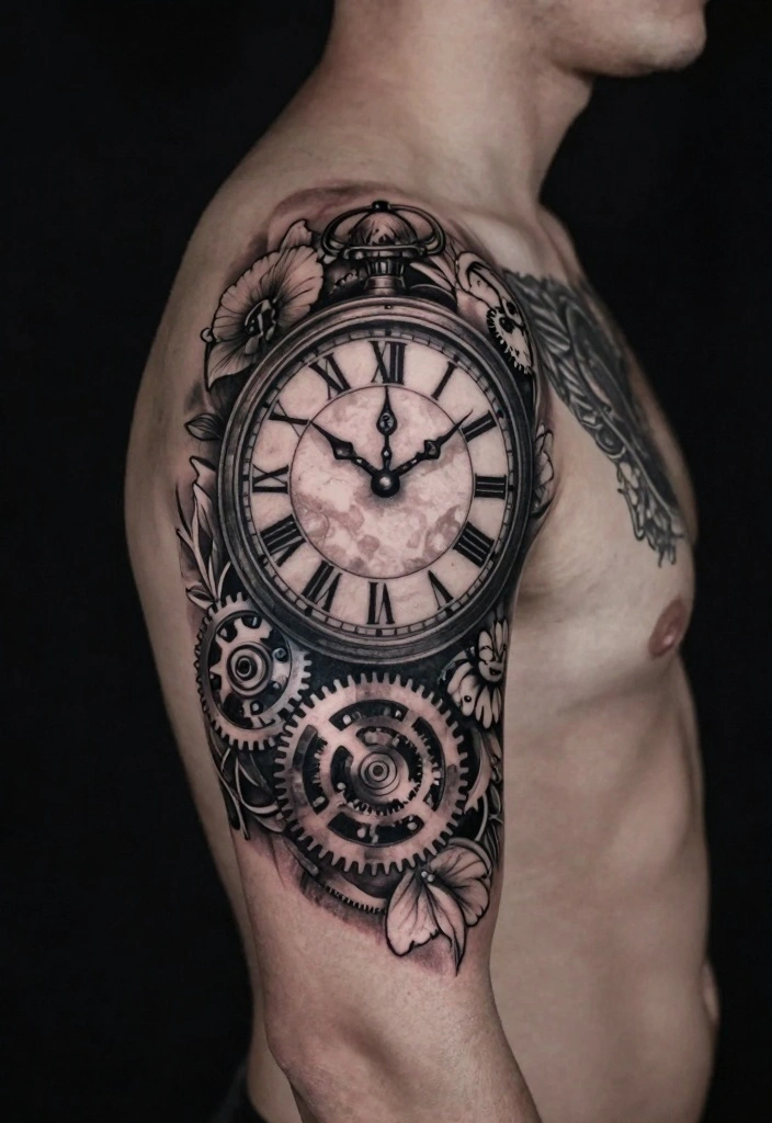14 Half Chest Tattoo Ideas for Men: Bold And Masculine 89 14 Half Chest Tattoo Ideas for Men Bold And Masculine 9. Clock Designs 0