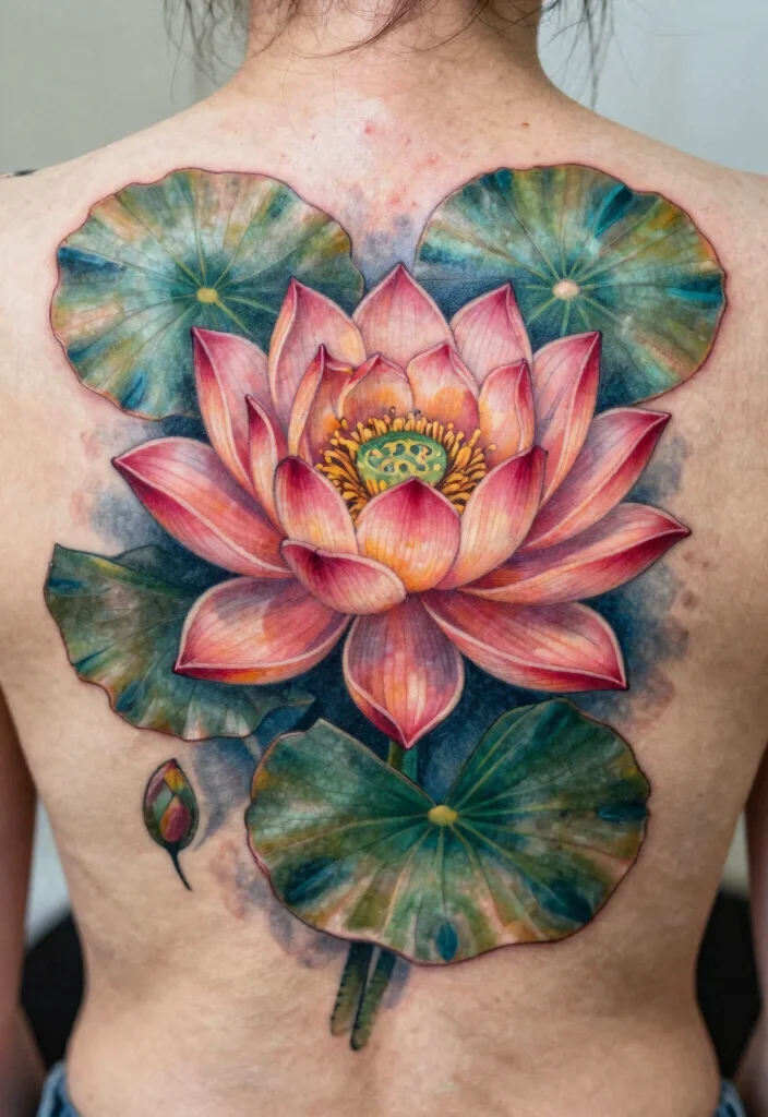 14 July Birth Flower Tattoo Ideas: Larkspur and Water Lilies 12 14 July Birth Flower Tattoo Ideas Larkspur and Water Lilies 2. Water Lily on the Back 0