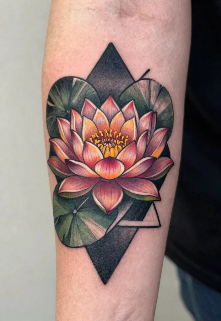 14 July Birth Flower Tattoo Ideas: Larkspur and Water Lilies 56 14 July Birth Flower Tattoo Ideas Larkspur and Water Lilies 6. Water Lily with Geometric Elements 0