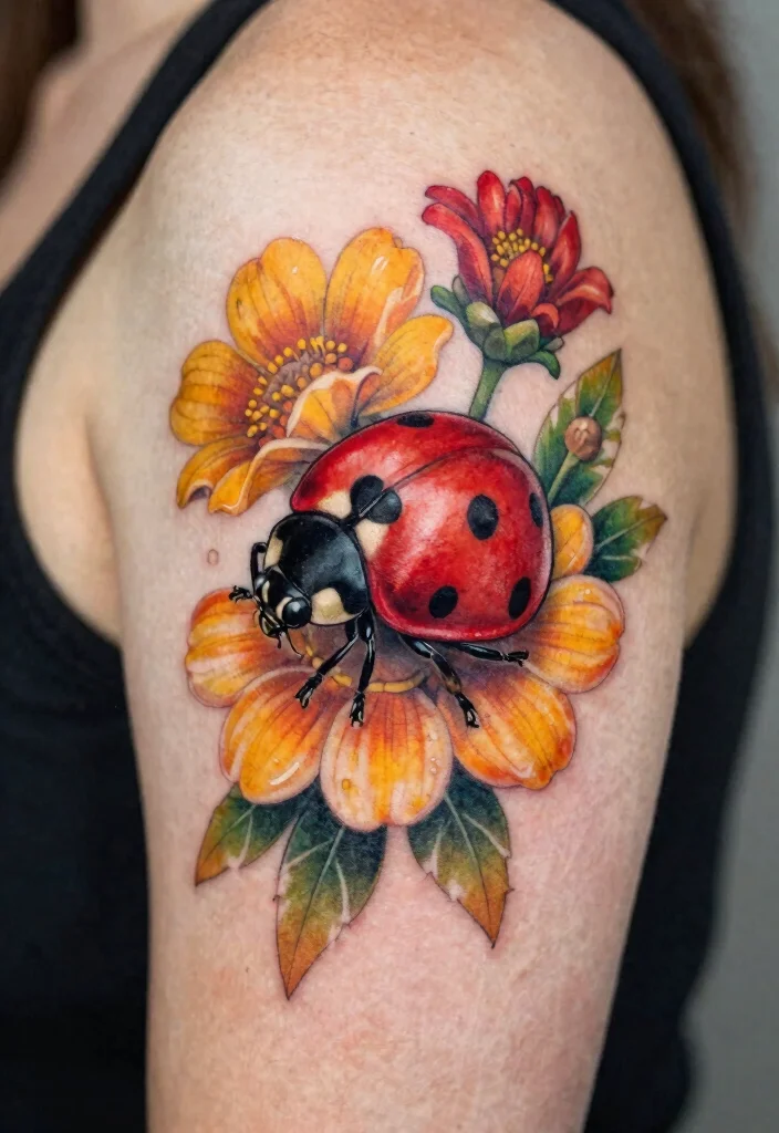 14 Ladybug Tattoo Ideas With Cute And Symbolic Designs 56 14 Ladybug Tattoo Ideas With Cute And Symbolic Designs 6. Ladybug and Flower Tattoo 0