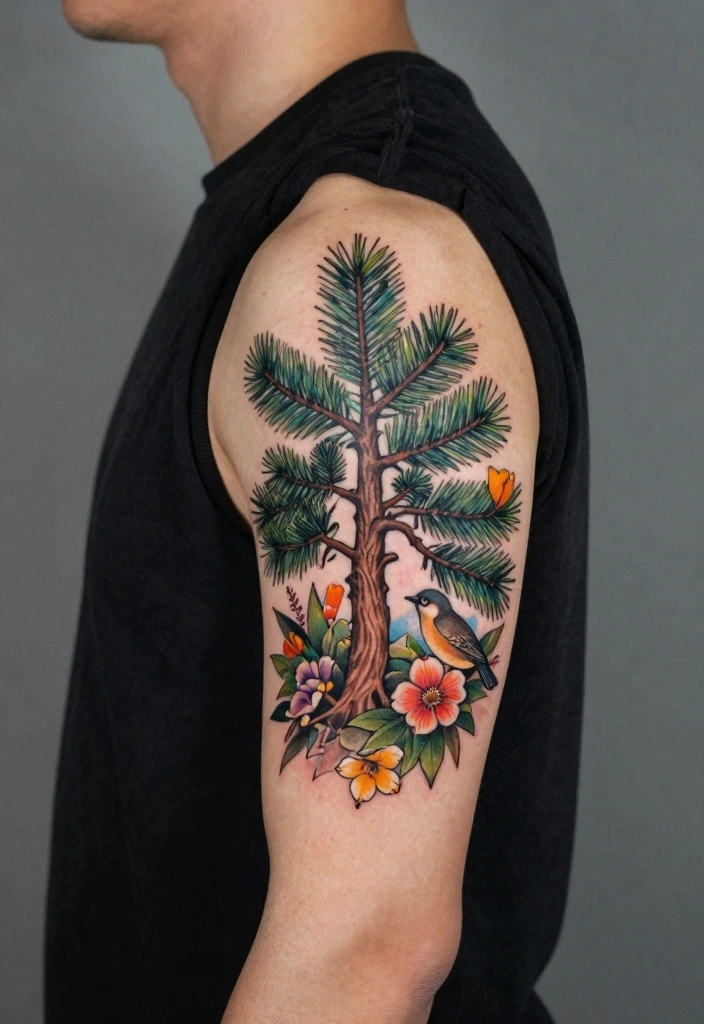 14 Pine Tree Tattoo Ideas for Men: Strong, Simple, and Symbolic 111 14 Pine Tree Tattoo Ideas for Men Strong Simple and Symbolic 11. Pine Tree with Nature Elements 0