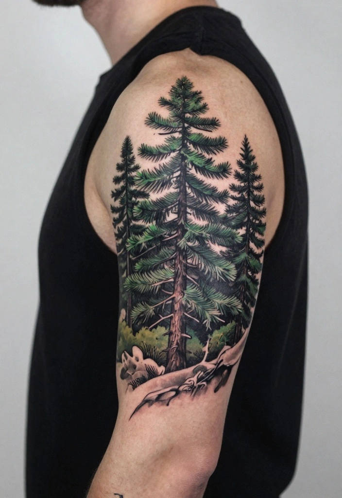 14 Pine Tree Tattoo Ideas for Men: Strong, Simple, and Symbolic 122 14 Pine Tree Tattoo Ideas for Men Strong Simple and Symbolic 12. Layered Pine Trees 0