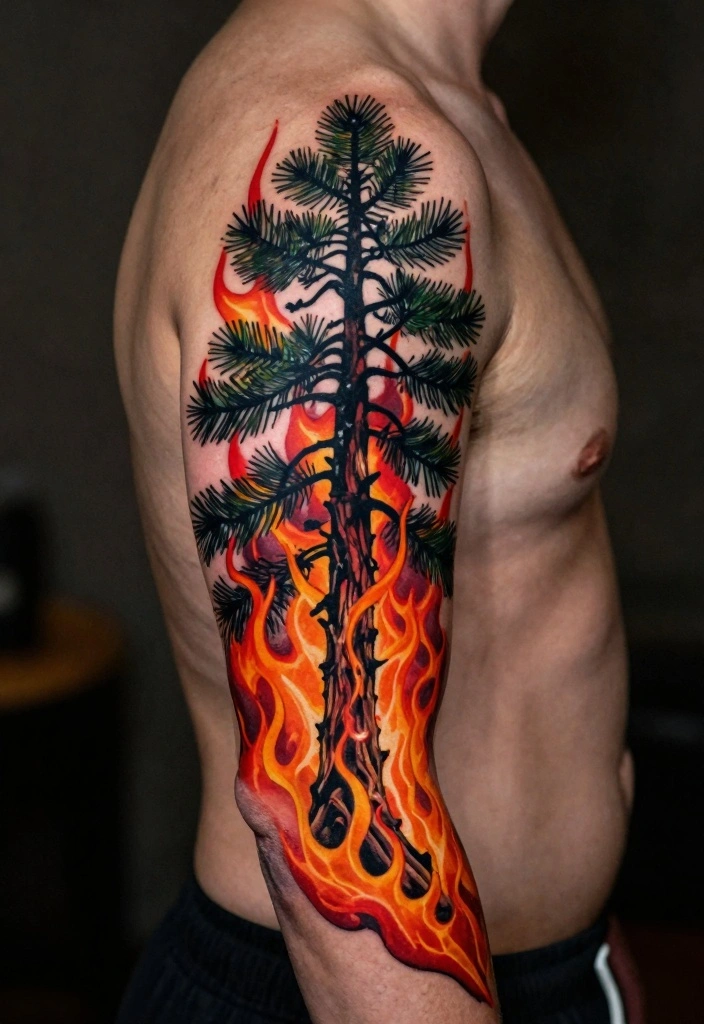 14 Pine Tree Tattoo Ideas for Men: Strong, Simple, and Symbolic 133 14 Pine Tree Tattoo Ideas for Men Strong Simple and Symbolic 13. Pine Tree with Fire 0