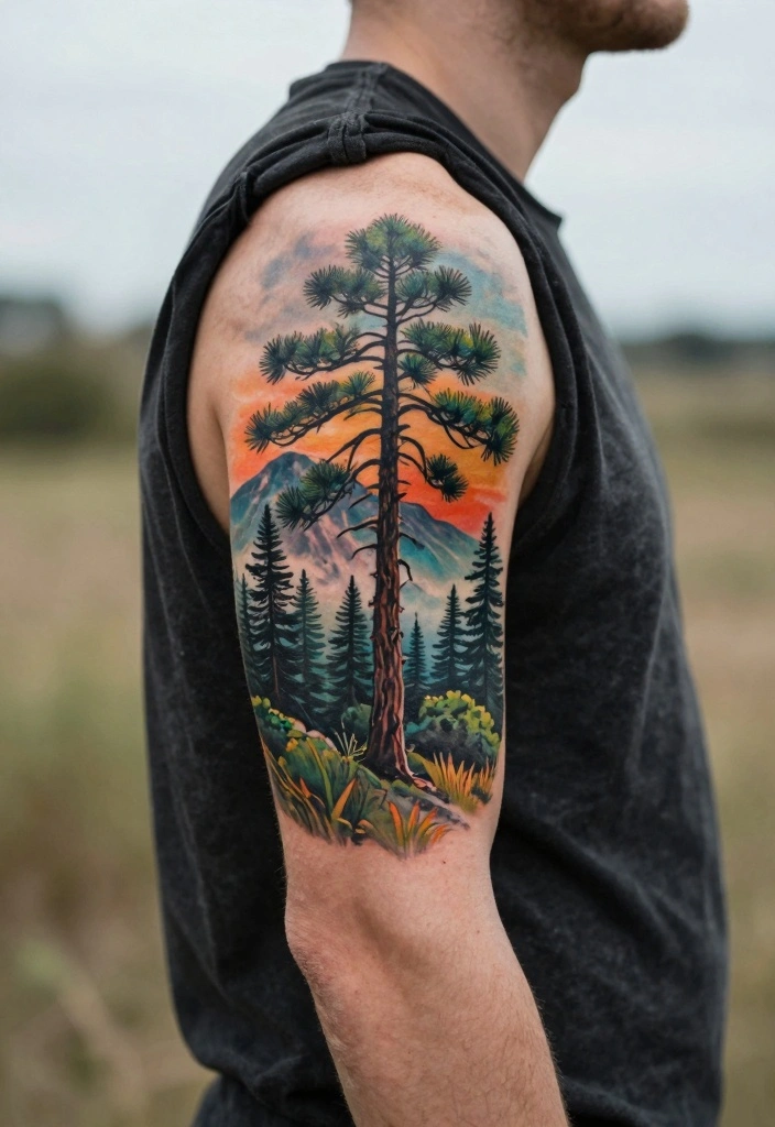 14 Pine Tree Tattoo Ideas for Men: Strong, Simple, and Symbolic 12 14 Pine Tree Tattoo Ideas for Men Strong Simple and Symbolic 2. Pine Tree Landscape 0
