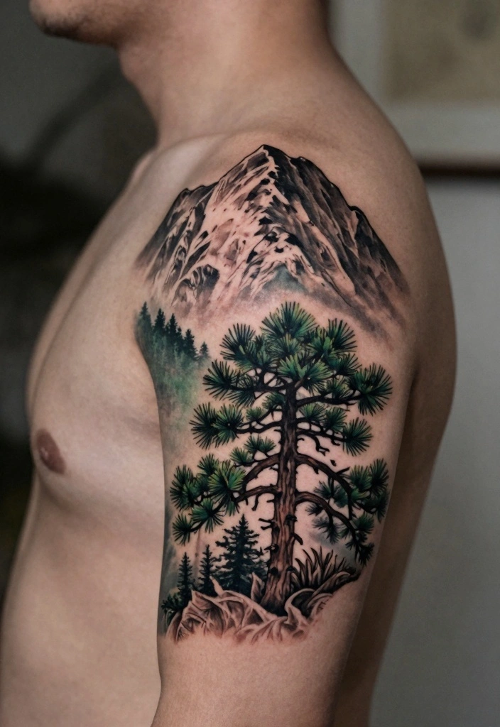 14 Pine Tree Tattoo Ideas for Men: Strong, Simple, and Symbolic 34 14 Pine Tree Tattoo Ideas for Men Strong Simple and Symbolic 4. Pine Tree and Mountain Fusion 0