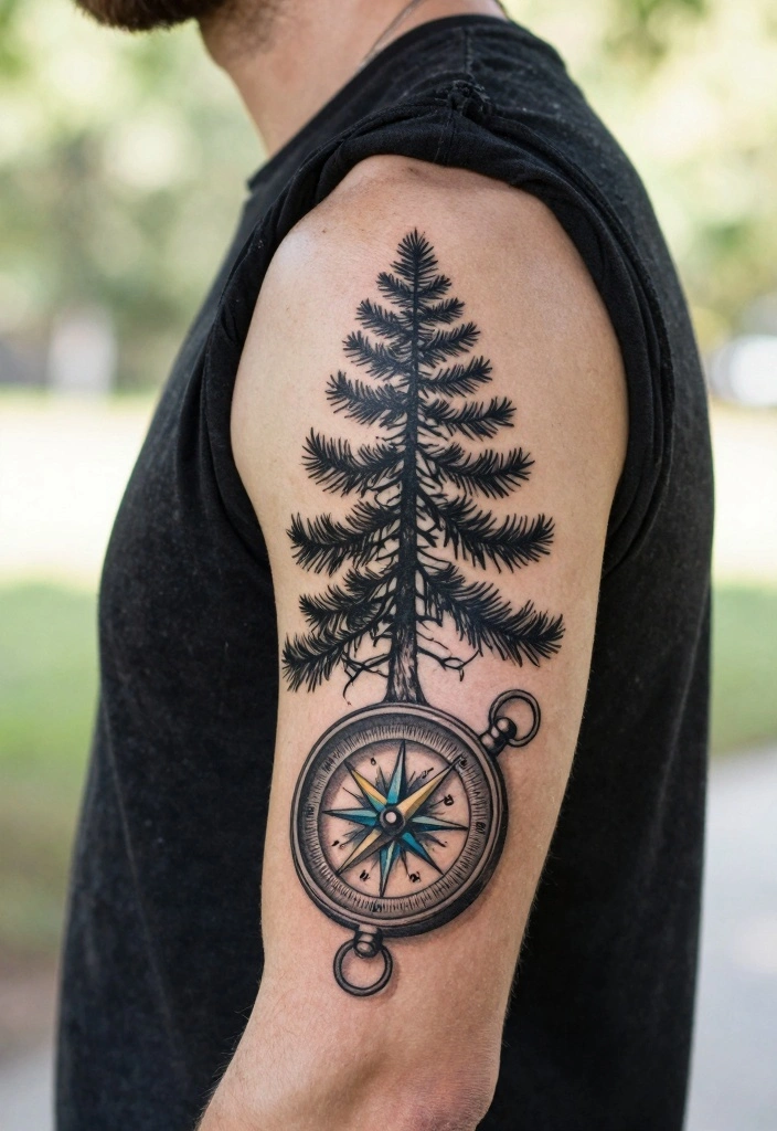14 Pine Tree Tattoo Ideas for Men: Strong, Simple, and Symbolic 45 14 Pine Tree Tattoo Ideas for Men Strong Simple and Symbolic 5. Pine Tree with Compass 0