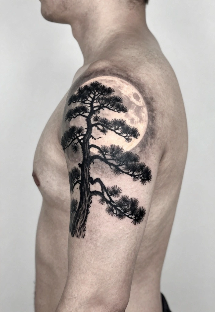 14 Pine Tree Tattoo Ideas for Men: Strong, Simple, and Symbolic 67 14 Pine Tree Tattoo Ideas for Men Strong Simple and Symbolic 7. Pine Tree with Moon 0