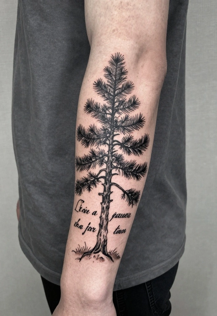 14 Pine Tree Tattoo Ideas for Men: Strong, Simple, and Symbolic 89 14 Pine Tree Tattoo Ideas for Men Strong Simple and Symbolic 9. Pine Tree with Quote 0