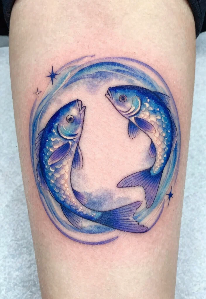 14 Star Sign Tattoo Ideas Based on Zodiac Meaning 12. Pisces Dreamy Fish Tattoo 0