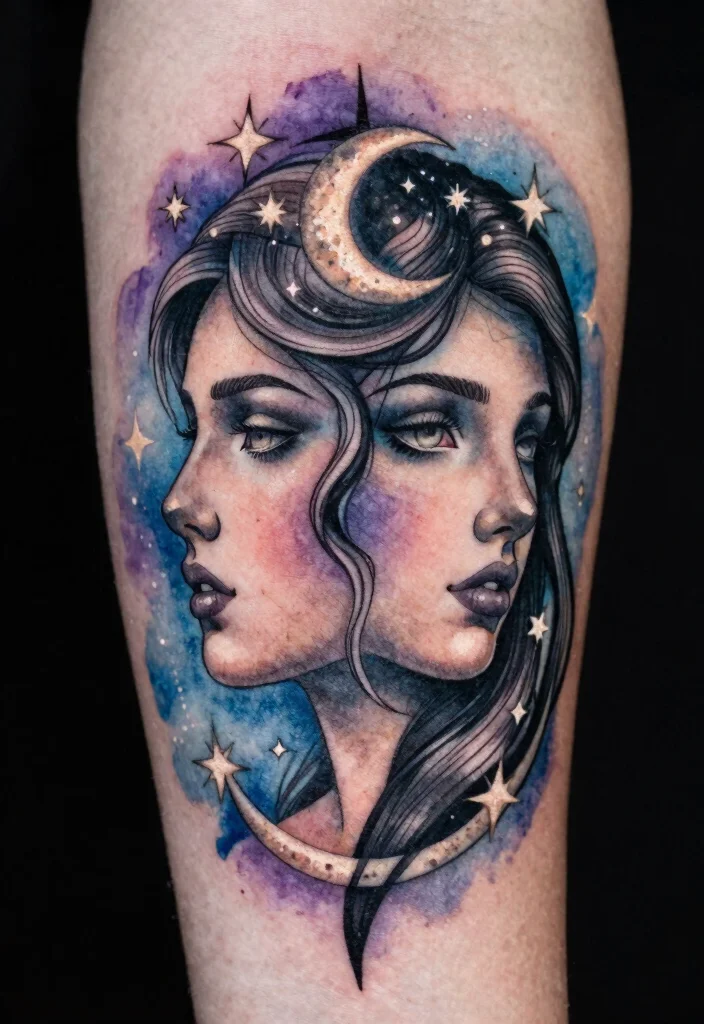 14 Star Sign Tattoo Ideas Based on Zodiac Meaning 3. Gemini Dual Faces Tattoo 0