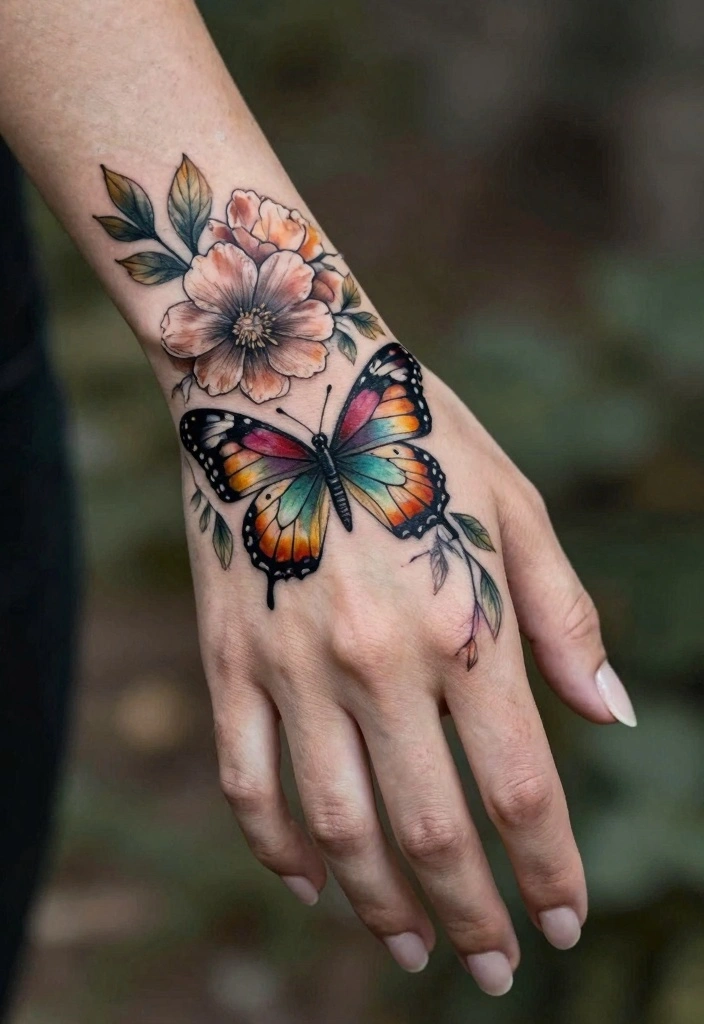 15 Female Hand Tattoo Ideas: Bold, Feminine, and Stylish 148 15 Female Hand Tattoo Ideas Bold Feminine and Stylish 14. Butterfly and Flowers 0