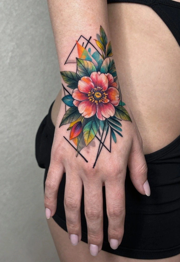 15 Female Hand Tattoo Ideas: Bold, Feminine, and Stylish 56 15 Female Hand Tattoo Ideas Bold Feminine and Stylish 6. Geometric Floral Fusion 0