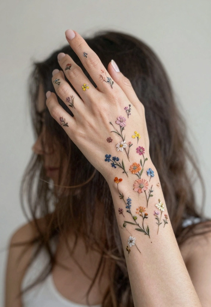 15 Female Hand Tattoo Ideas: Bold, Feminine, and Stylish 67 15 Female Hand Tattoo Ideas Bold Feminine and Stylish 7. Tiny Wildflowers 0