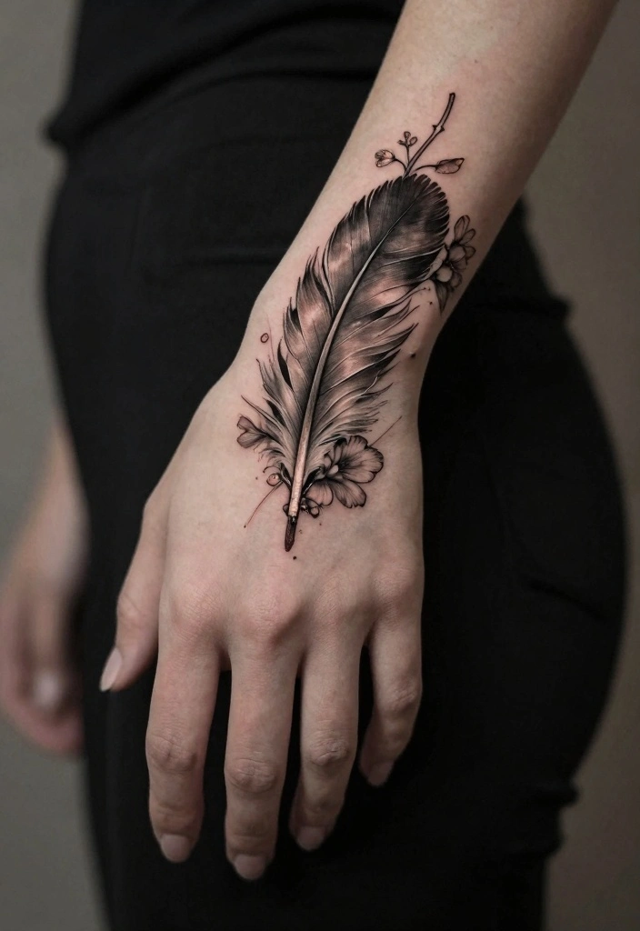 15 Female Hand Tattoo Ideas: Bold, Feminine, and Stylish 91 15 Female Hand Tattoo Ideas Bold Feminine and Stylish 9. Feather with Floral Accents 0
