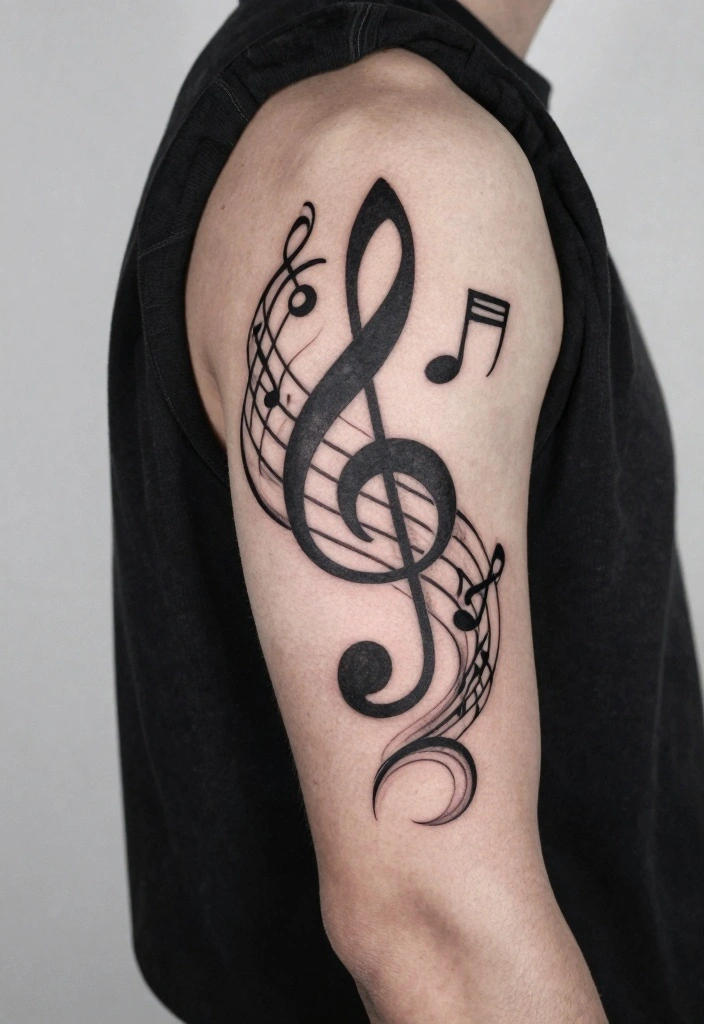 15 Upper Arm Half Sleeve Tattoo Ideas for Men Bold and Clean 102 15 Upper Arm Half Sleeve Tattoo Ideas for Men Bold and Clean 10. Music Inspired Tattoos 0