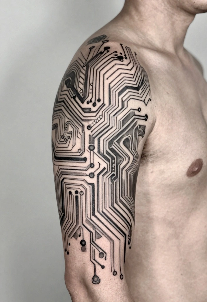 15 Upper Arm Half Sleeve Tattoo Ideas for Men Bold and Clean 159 15 Upper Arm Half Sleeve Tattoo Ideas for Men Bold and Clean 15. Technological Designs 0