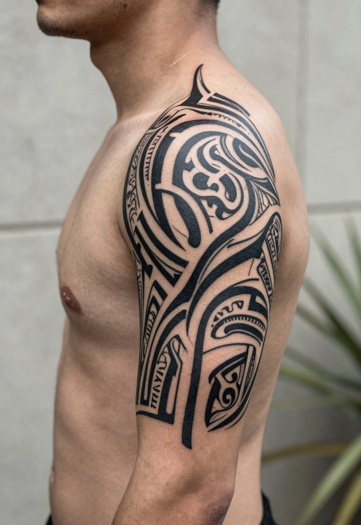 15 Upper Arm Half Sleeve Tattoo Ideas for Men Bold and Clean 23 15 Upper Arm Half Sleeve Tattoo Ideas for Men Bold and Clean 3. Tribal Elements 0