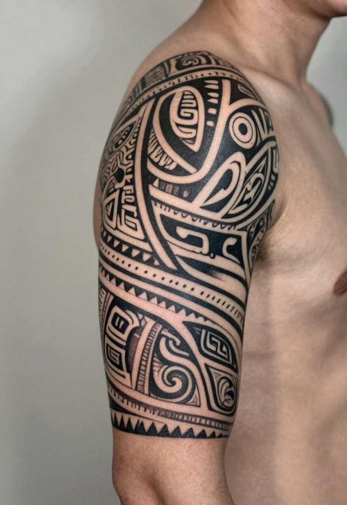 15 Upper Arm Half Sleeve Tattoo Ideas for Men Bold and Clean 80 15 Upper Arm Half Sleeve Tattoo Ideas for Men Bold and Clean 8. Cultural Inspired Designs 0