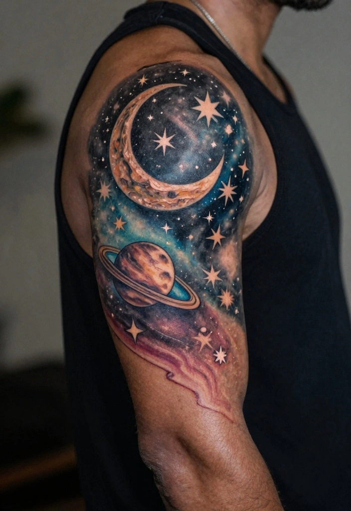 15 Upper Arm Half Sleeve Tattoo Ideas for Men Bold and Clean 91 15 Upper Arm Half Sleeve Tattoo Ideas for Men Bold and Clean 9. Celestial Bodies 0