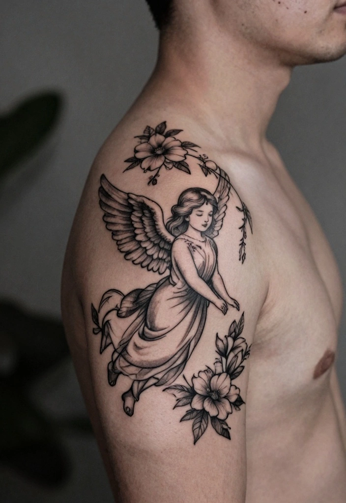 16 Angel Tattoo Design Ideas for Men Strong and Meaningful 11. Angel with Floral Accents 0