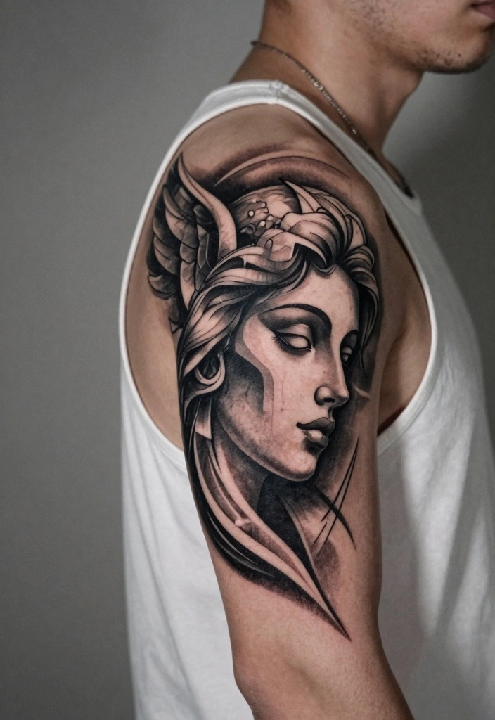 16 Angel Tattoo Design Ideas for Men Strong and Meaningful 12. Abstract Angel Face 0
