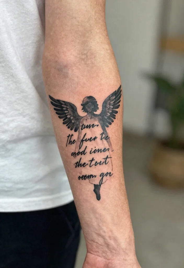 16 Angel Tattoo Design Ideas for Men Strong and Meaningful 14. Angel with a Quote 0