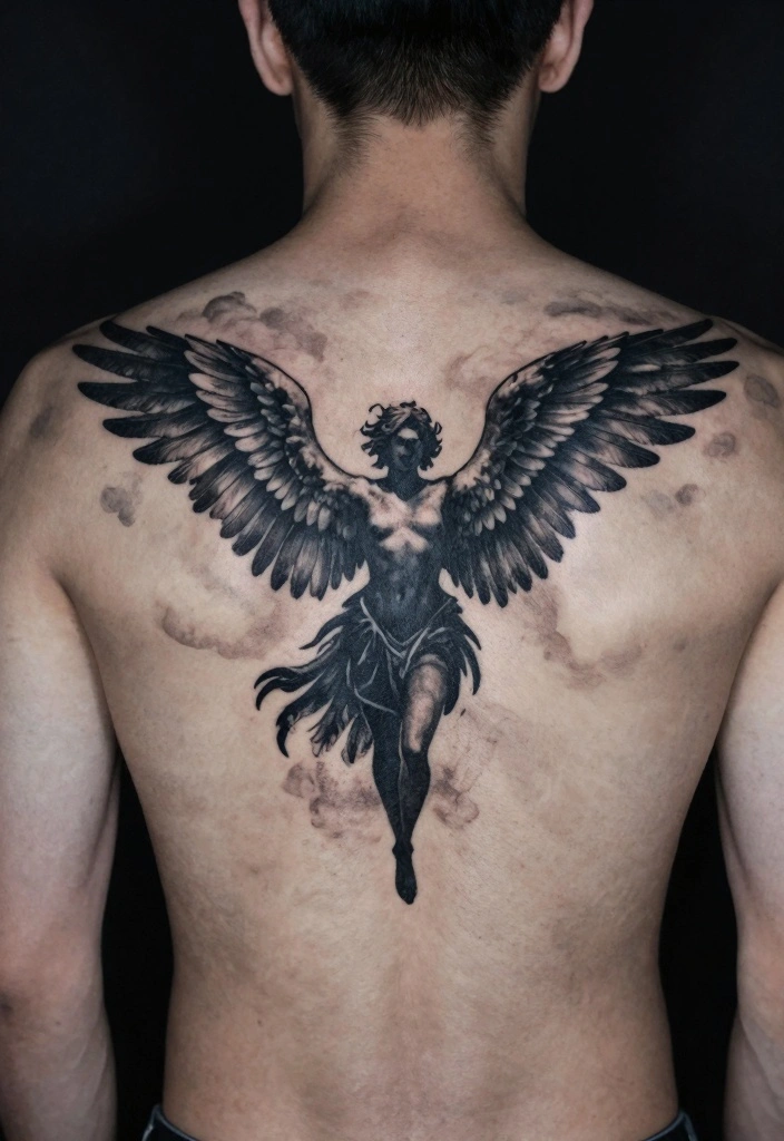 16 Angel Tattoo Design Ideas for Men Strong and Meaningful 15. Flying Angel 0