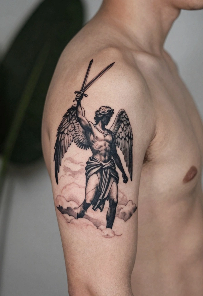 16 Angel Tattoo Design Ideas for Men Strong and Meaningful 2. Archangel Michael 0