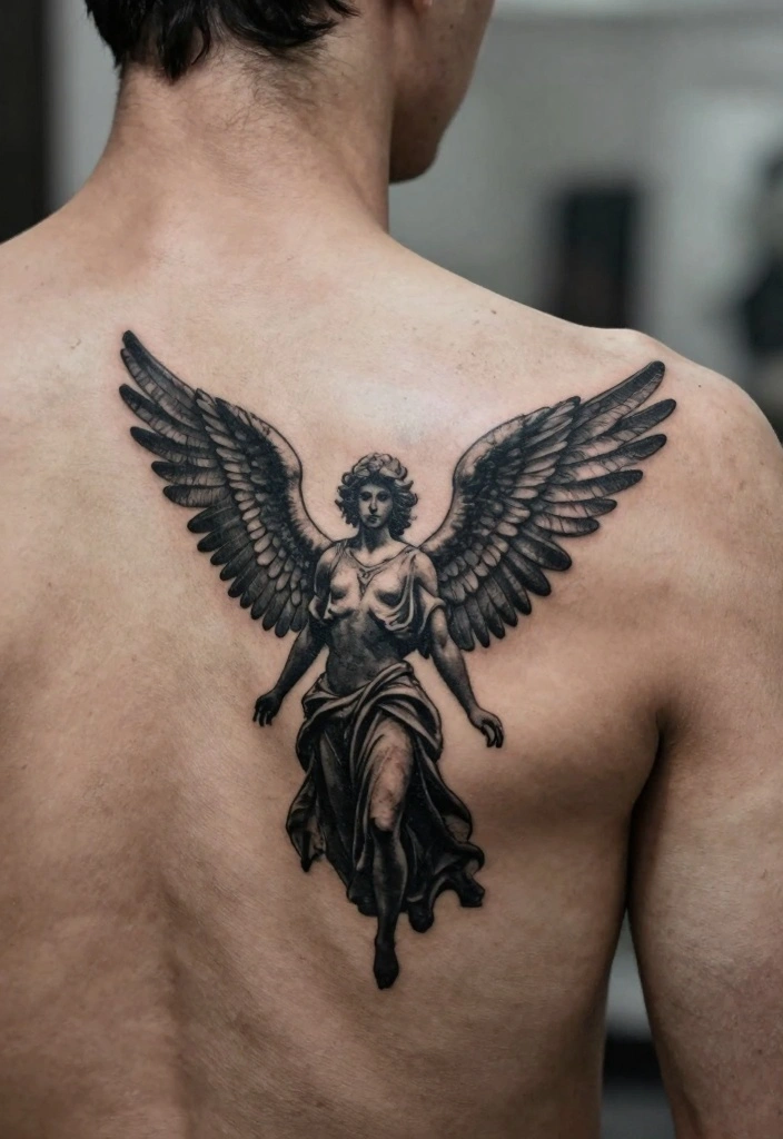16 Angel Tattoo Design Ideas for Men Strong and Meaningful 3. Guardian Angel Silhouette 0