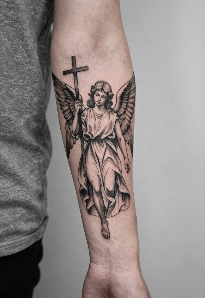 16 Angel Tattoo Design Ideas for Men Strong and Meaningful 4. Angel with Cross 0