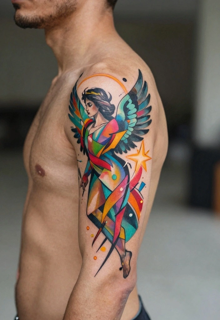 16 Angel Tattoo Design Ideas for Men Strong and Meaningful 7. Abstract Angel Design 0